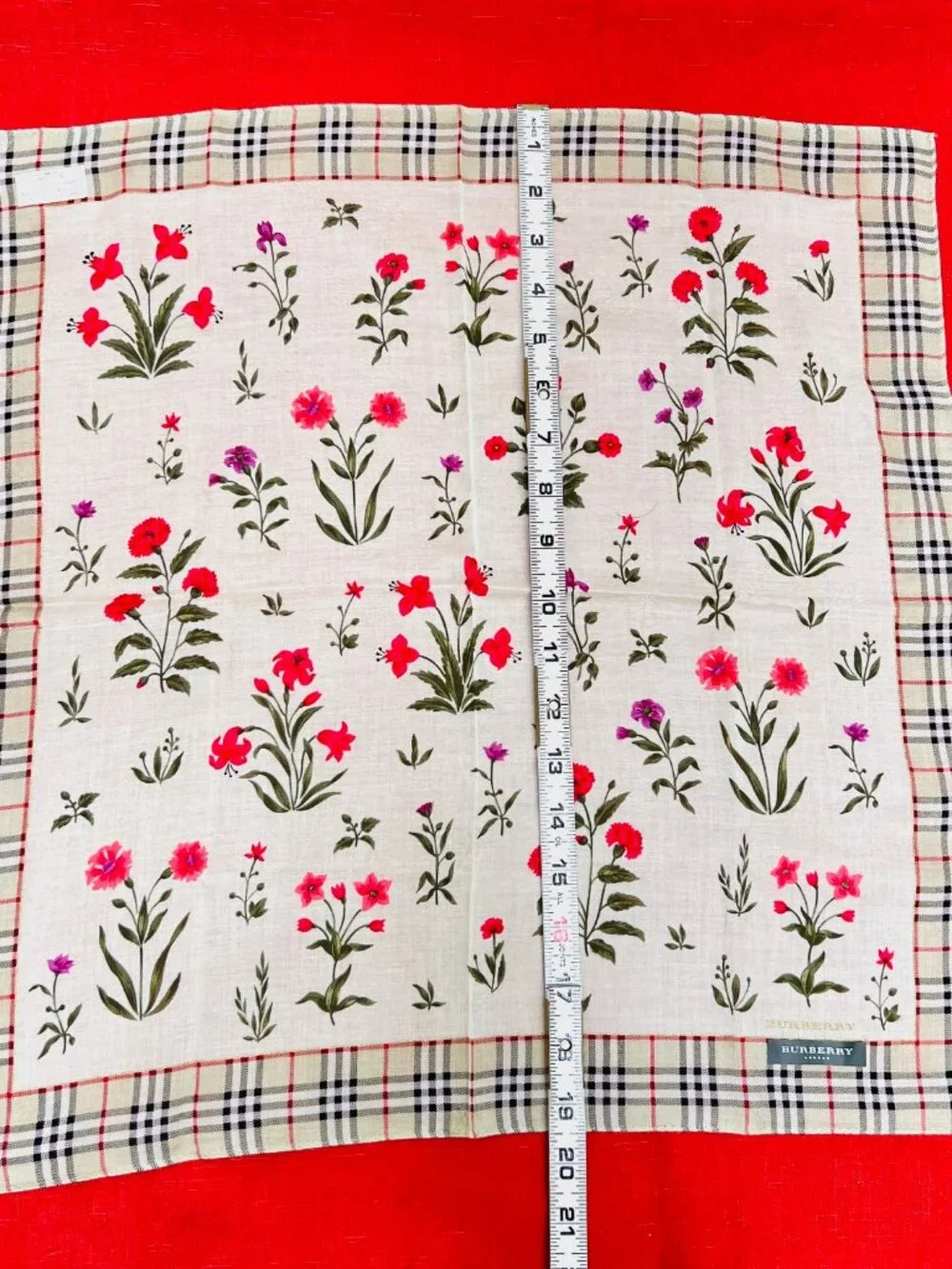 New   Burberry Neck-handker /Mini Scarf 19.5" Cotton Olive Gray Floral Check(77 - Picture 7 of 13